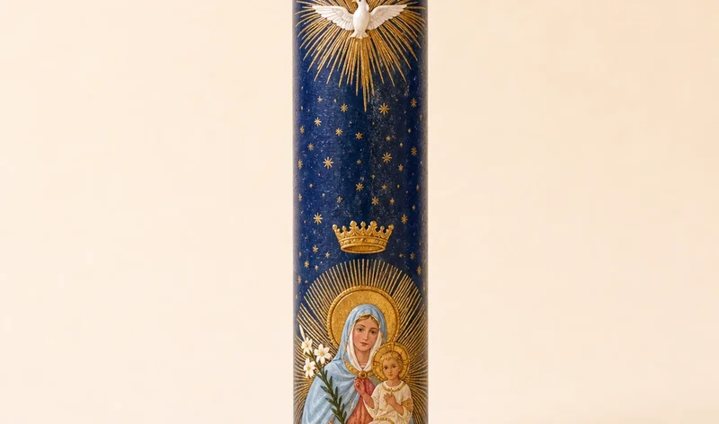 Blaue Marienkerze mit sakraler Gestaltung