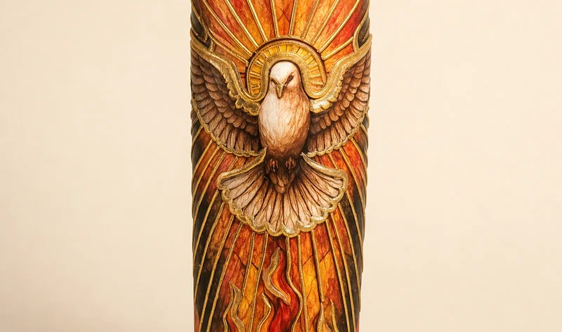 Kerze mit Taube, goldenen Linien und warmen Rot- und Orangetönen