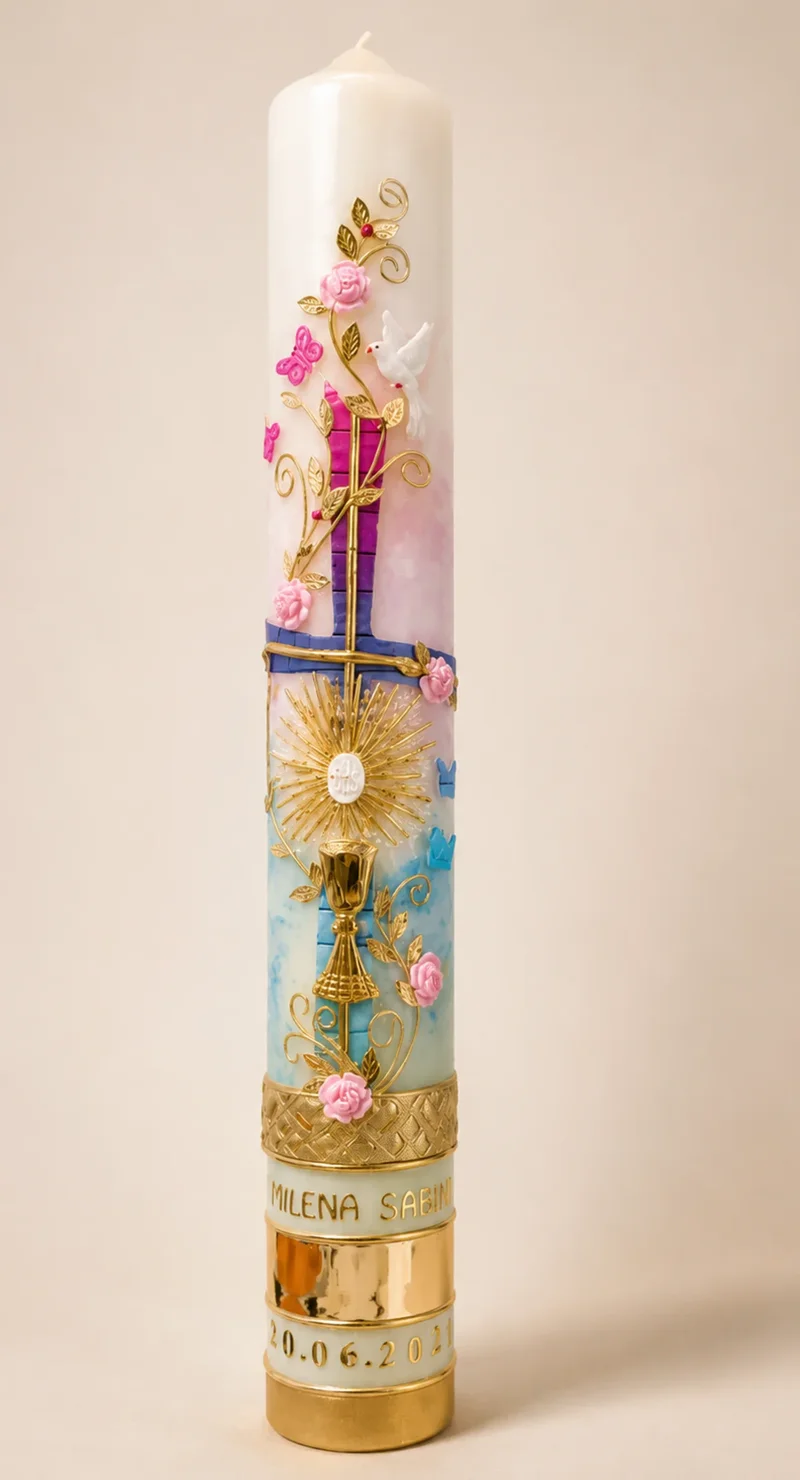 Große künstlerisch gestaltete Kerze mit blau-goldenem Kreuz und Pilgermotiv
